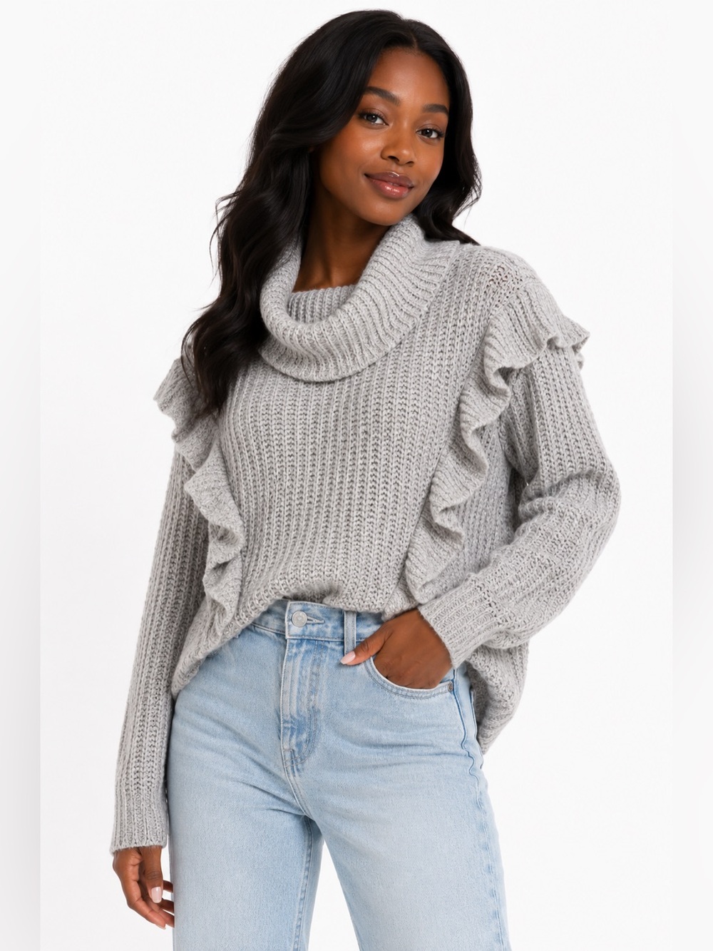 Express Gray Chunky Knit Ruffle Cowl Neck Sweater Women’s Medium